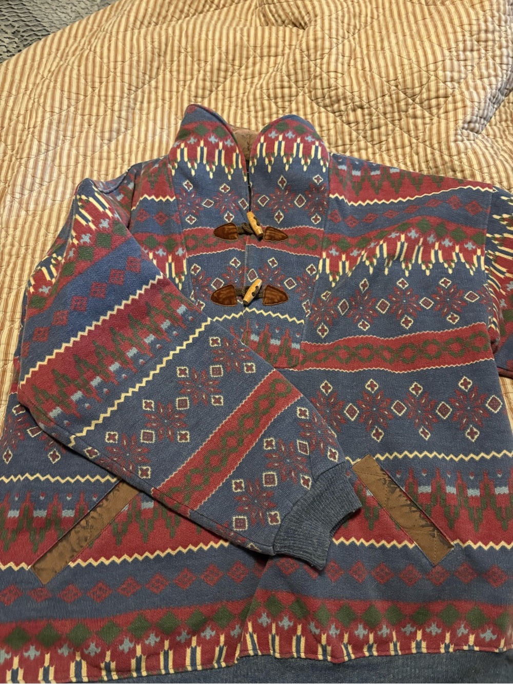 Men's Geometric Toggle Zip-Up Sweater - Blue and Red vintage